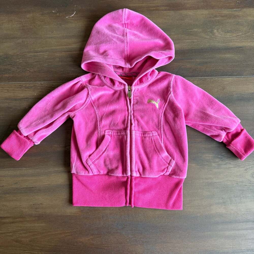 Puma Pink Velour Zip-Up Hoodie with Gold Logo Toddler Size 2T